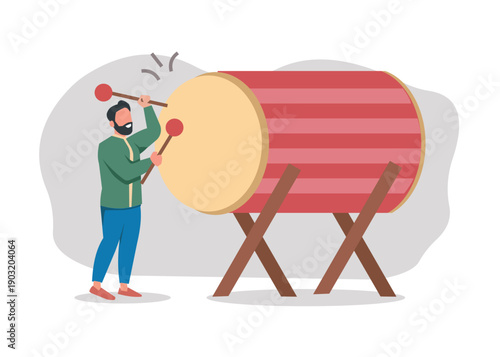 Man Beating Traditional Drum Symbolizing Culture, Rhythm, and Celebration