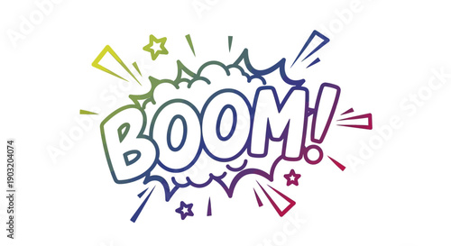 Dynamic rainbow gradient boom comic book style sound effect graphic illustration on white