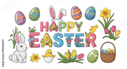 Colorful easter eggs bunny flowers and basket with 'happy easter' in colorful letters on white background