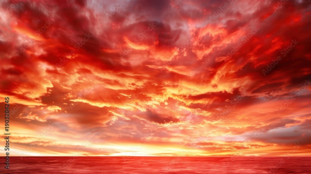 Obraz premium Dramatic Sunset Over the Tranquil Ocean with Fiery Sky and Colorful Clouds Creating a Breathtaking View