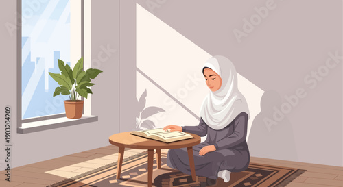 Muslim woman in hijab reading book on floor in sunlit room, cultural lifestyle