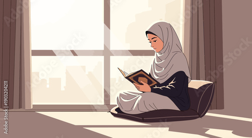 Muslim woman in hijab reading Quran by window with sunlight