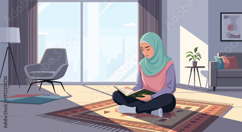 Muslim woman in hijab reading on rug in sunlit room