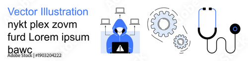 Cybersecurity, technology, network connections, healthcare, diagnostics, innovation. A hooded person with a warning symbol, gears and a stethoscope. Cybersecurity and technology illustrated