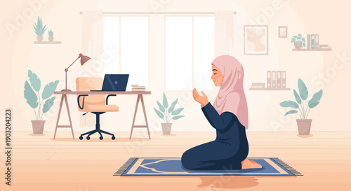 Muslim Woman Praying at Home During Ramadan, Peaceful Islamic Devotion