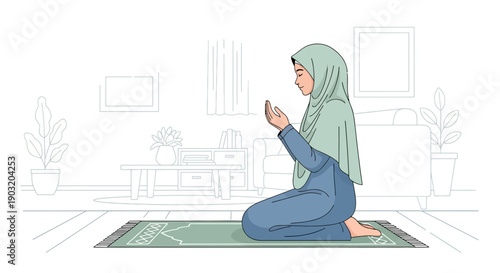 Muslim Woman Praying at Home in Hijab, Kneeling on Prayer Mat