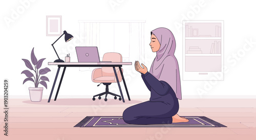 Muslim Woman Praying at Home Office