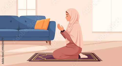 Muslim Woman Praying at Home on Prayer Mat, Peaceful Devotion