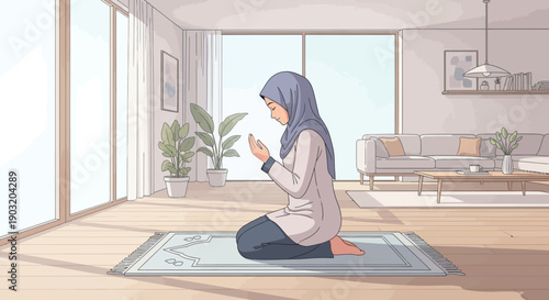 Muslim Woman Praying at Home on a Rug