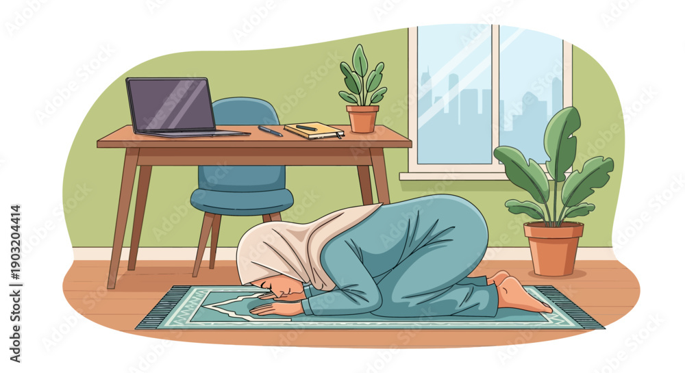 Fototapeta premium Muslim Woman Praying in Hijab at Home Office Desk with Plants