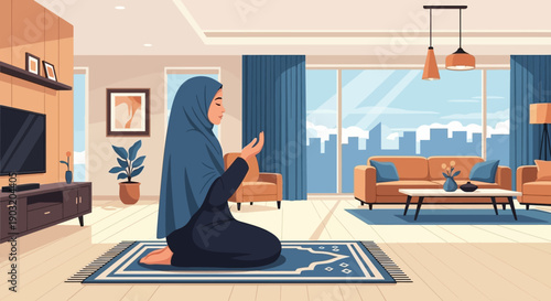 Muslim woman praying in a modern living room, indoor prayer, Islamic culture, devotion