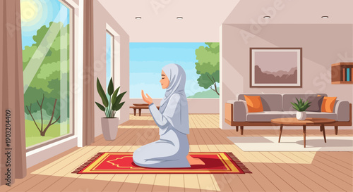 Muslim Woman Praying in a Bright Living Room with Large Windows