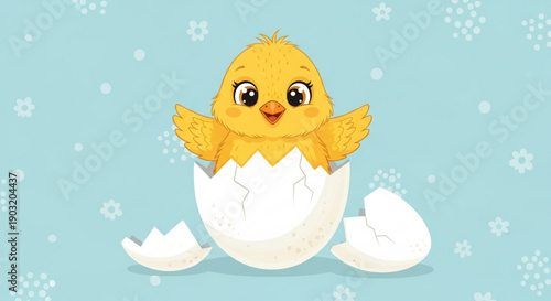 Cute cartoon chick hatching from egg on pastel background with flowers