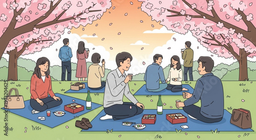 People enjoying a picnic under cherry blossom trees in a park with food and drinks on blue mats
