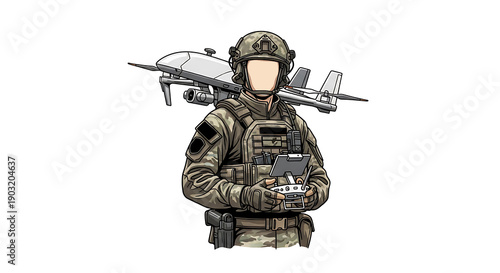 Military Soldier Using Drone Controller in Camouflage Uniform with Drone Aircraft in Background