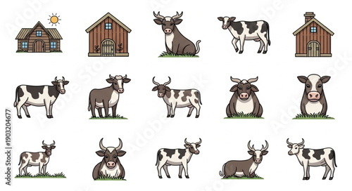 Collection of Farm Animals and Barns Illustration.