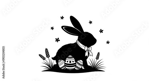 Easter bunny silhouette with eggs and wheat on a white background for spring greeting cards and holiday decorations