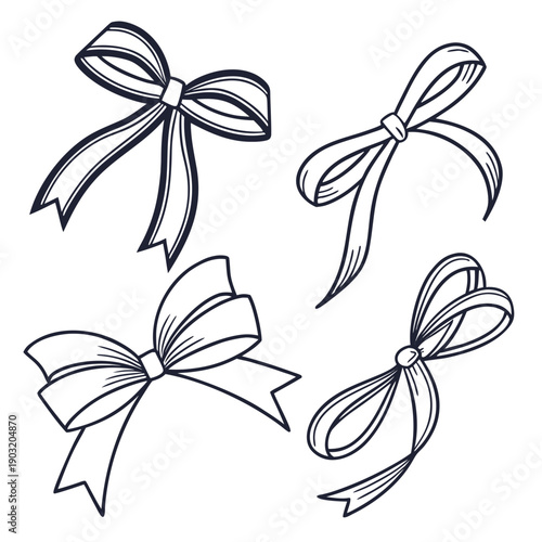 Four distinct bows drawn in black and white, each with unique designs and styles Vector