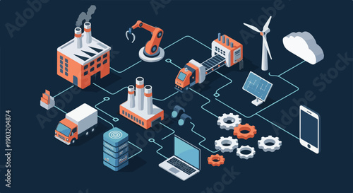 IoT Manufacturing Machines Production Database, Computer and Renewable Energy Isometric Vector