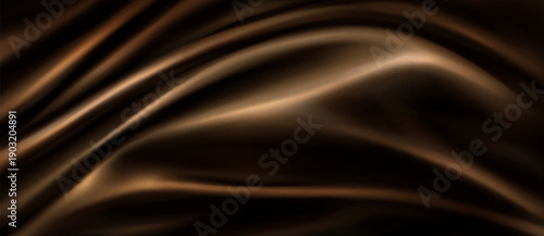 Brown silk fabric texture with smooth waves. Vector realistic illustration of luxury satin cloth, abstract curtain drapery background, chocolate brown premium material with silky gradient, draped flag