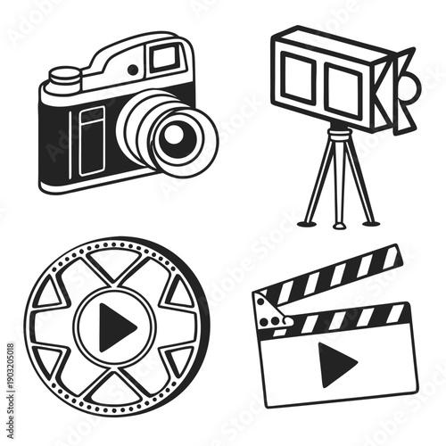 A collection of various icons representing photography and filmmaking equipment. Vector