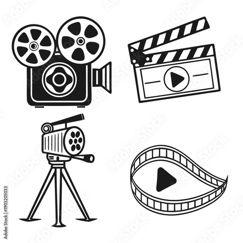 Collection of vintage film and video editing equipment icons Vector