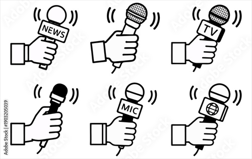 Reporter Microphone Icons. journalist Microphone Icon Set. Broadcast Microphone Icon collection – News Interview and Broadcast Line Set