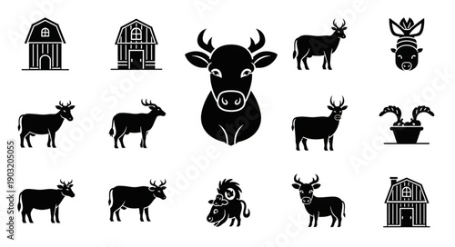 Collection of Farm Animal Silhouettes and Barn Icons.