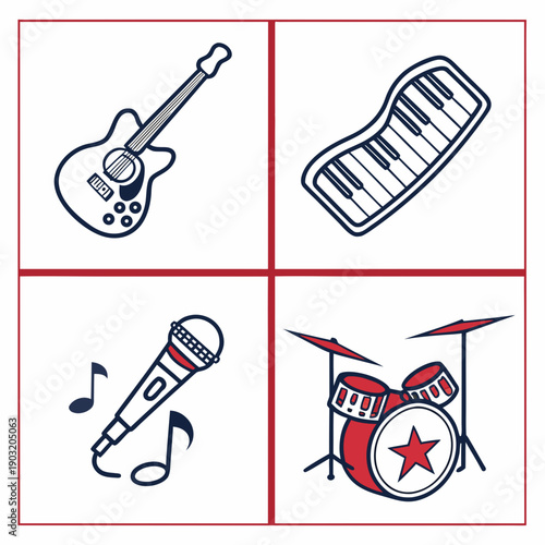 A collection of musical instruments including a guitar, keyboard, microphone, and drum set. Vector