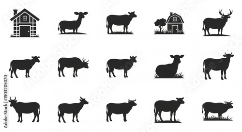 Collection of Farm Animal Silhouettes and Barns.