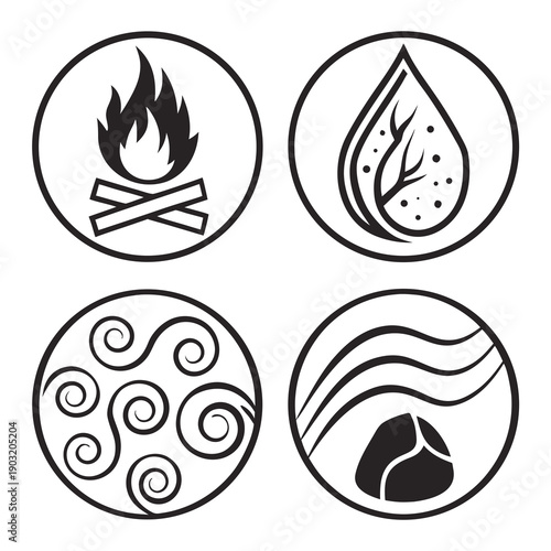 Four distinct symbols representing elements and energy in circular designs Vector