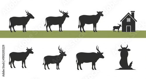 Collection of Farm Animal Silhouettes and Country House.