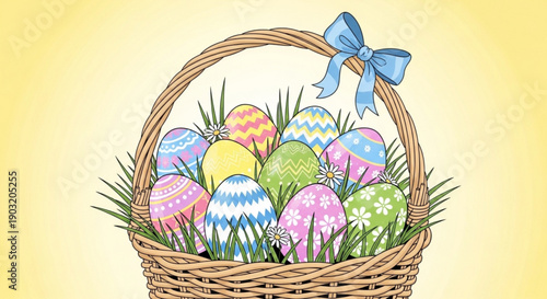 Colorful easter eggs in a wicker basket with blue bow on yellow background with grass