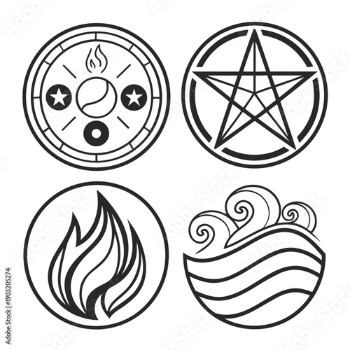 Four distinct symbols representing elements of nature and spirituality Vector