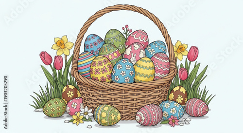 Colorful easter eggs in a wicker basket with flowers and grass on a spring day outdoors