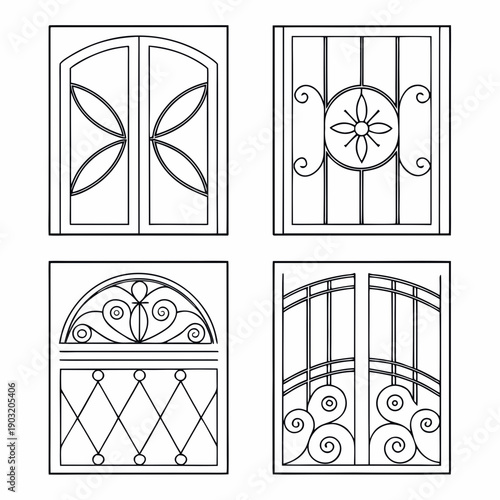 Four distinct door designs showcasing various architectural styles and patterns Vector