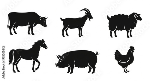 Collection of Farm Animal Silhouettes Isolated on White Background.