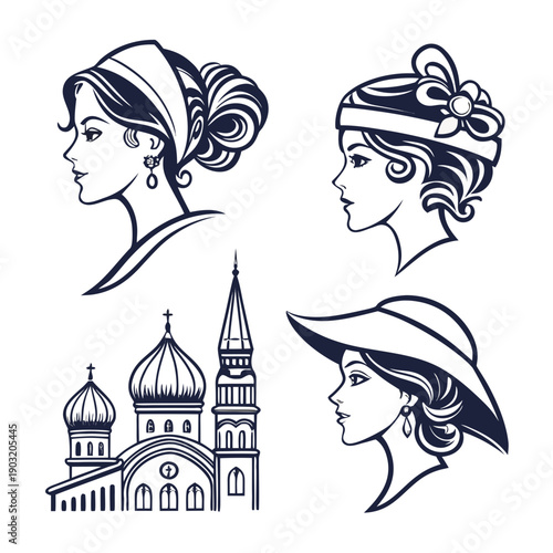Historical headwear and architectural landmarks from different eras Vector