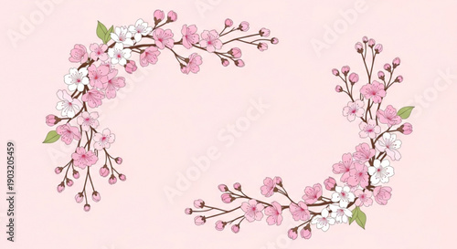 Floral wreath with pink and white flowers on a soft pink background for decoration and decoration purposes