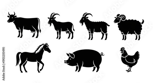 Collection of Farm Animal Silhouettes Isolated on White Background.