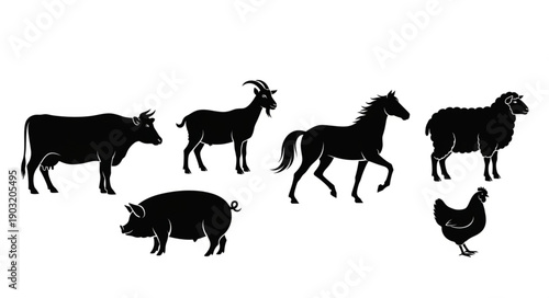 Collection of Farm Animal Silhouettes Isolated on White Background.