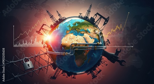Planet Earth globe surrounded by oil pumps and charts global energy crisis concept illustration