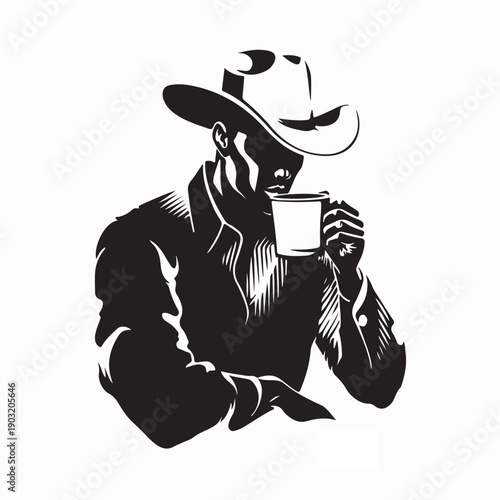 Silhouette of Cowboy Drinking Coffee Vector Illustration Enjoying Morning Concept Art