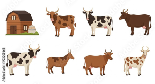 Collection of Farm Animals and Barn Illustration.