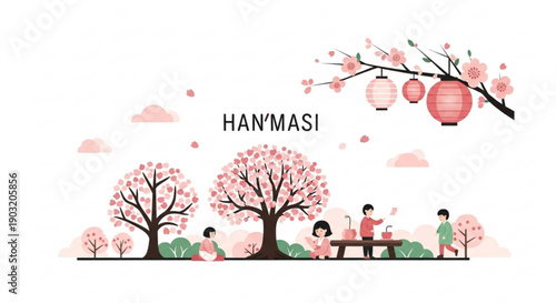 People enjoying springtime outdoors with blooming cherry blossoms and colorful lanterns