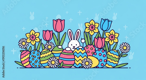 Colorful easter eggs and flowers with bunny on light blue background for spring holiday decoration