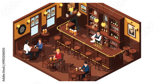 Isometric Germany Pub Bar Interior Vector Illustration