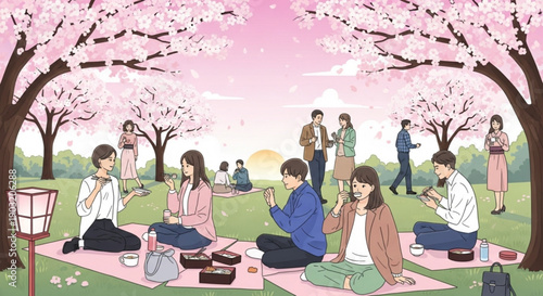 People enjoying a picnic under blooming cherry blossom trees in a park at sunset with food and drinks