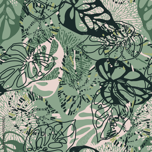 Green seamless pattern with tropical leaves and abstract strokes. Ideal for wallpaper, surface textures, textiles.