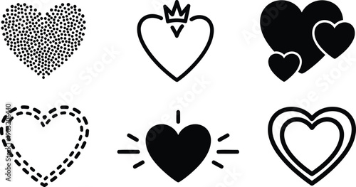 Collection of heart shapes in various designs and styles used for love and Valentines Day
